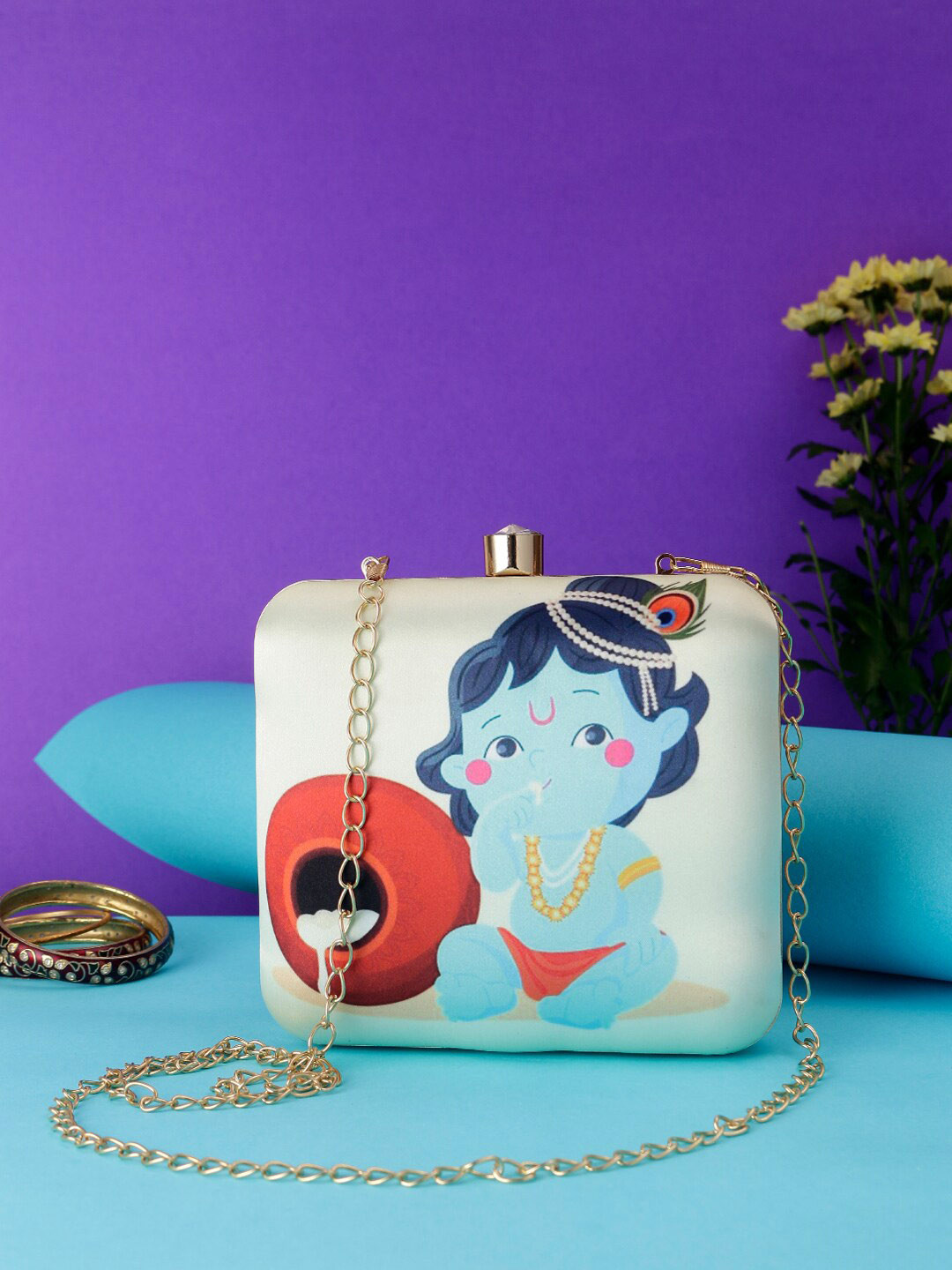 Swisni White & Blue Printed Box Clutch With Shoulder Strap