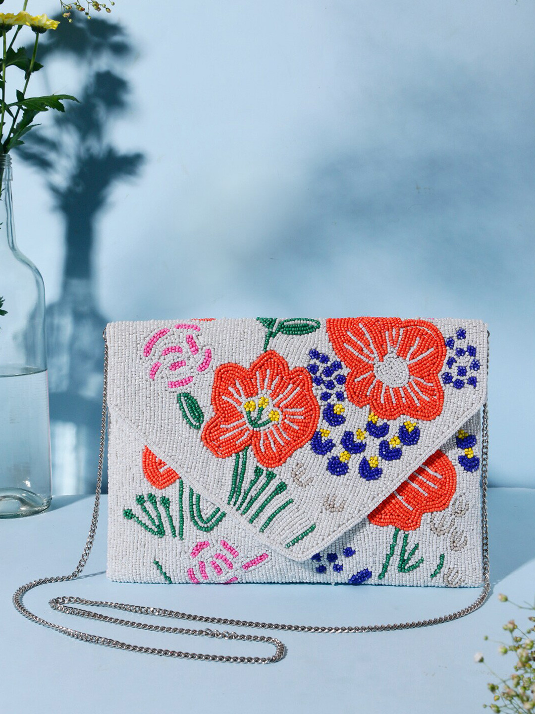Swisni Women White & Orange Floral Embellished Envelope Clutch