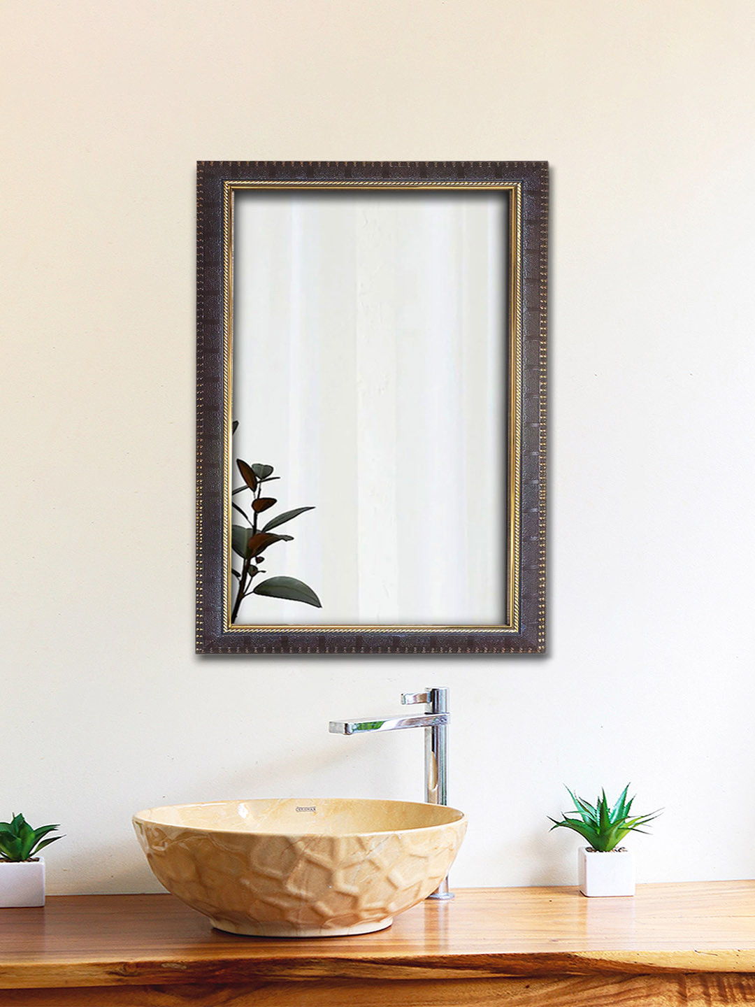 Art Street Brown Textured Wooden Rectangular Wall Mirror