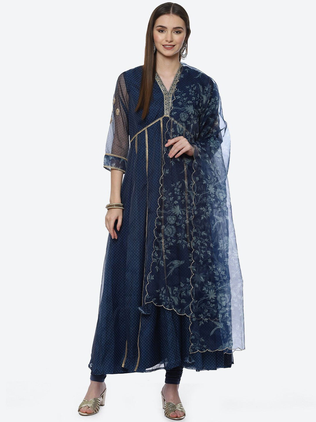Biba Women Navy Blue Printed Kurti With Dupatta