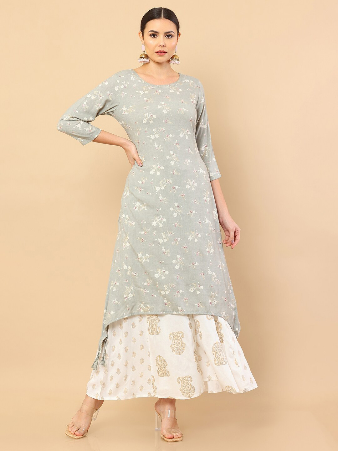 Soch Women Grey A-Line Floral Printed Silk Kurta