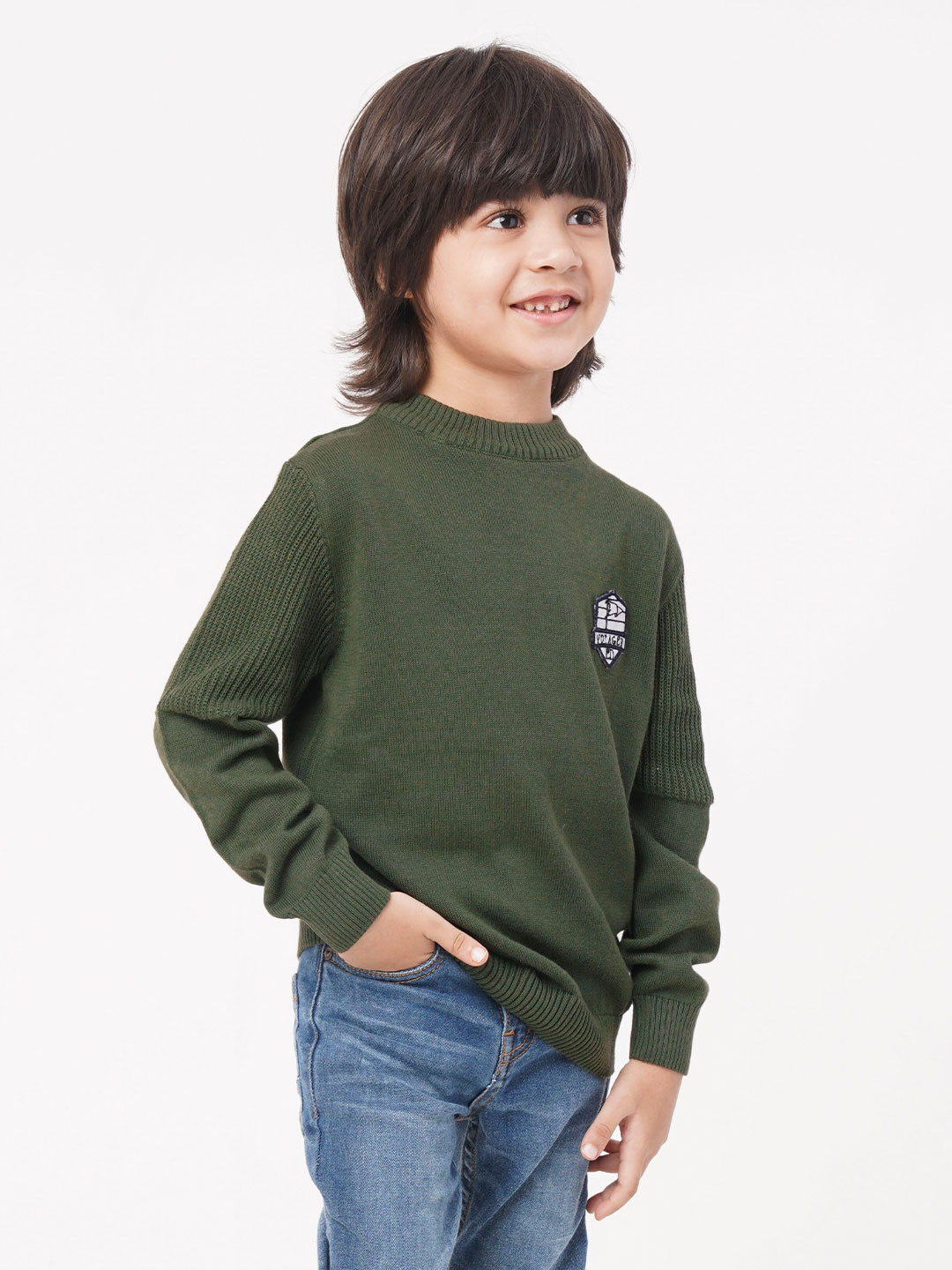 Ed-a-Mamma Kids Boys Olive Green Long Sleeves Pleated Pullover Sweater