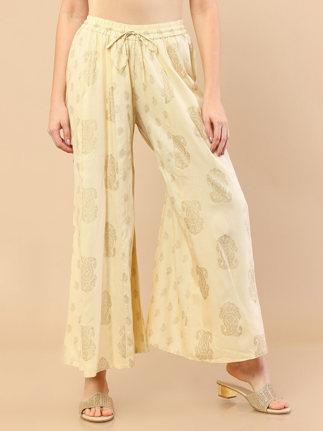 Soch Women Beige & Gold Printed Rayon Ethnic Palazzos