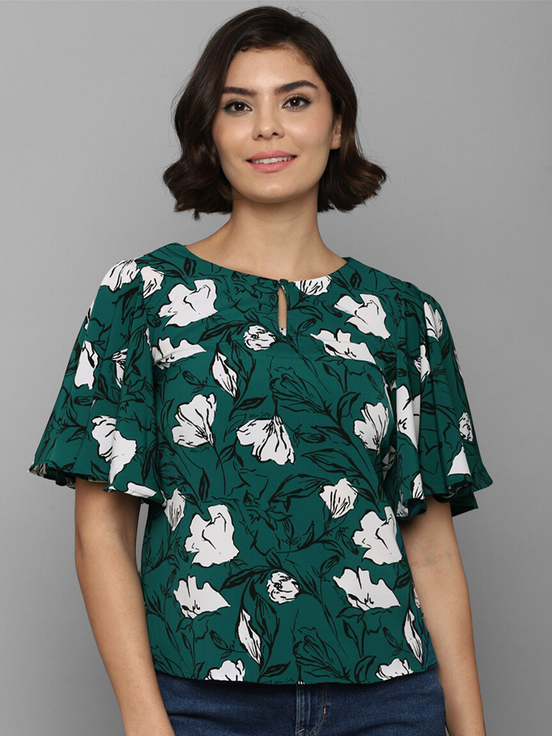Allen Solly Woman Green Floral Print Keyhole Neck Top