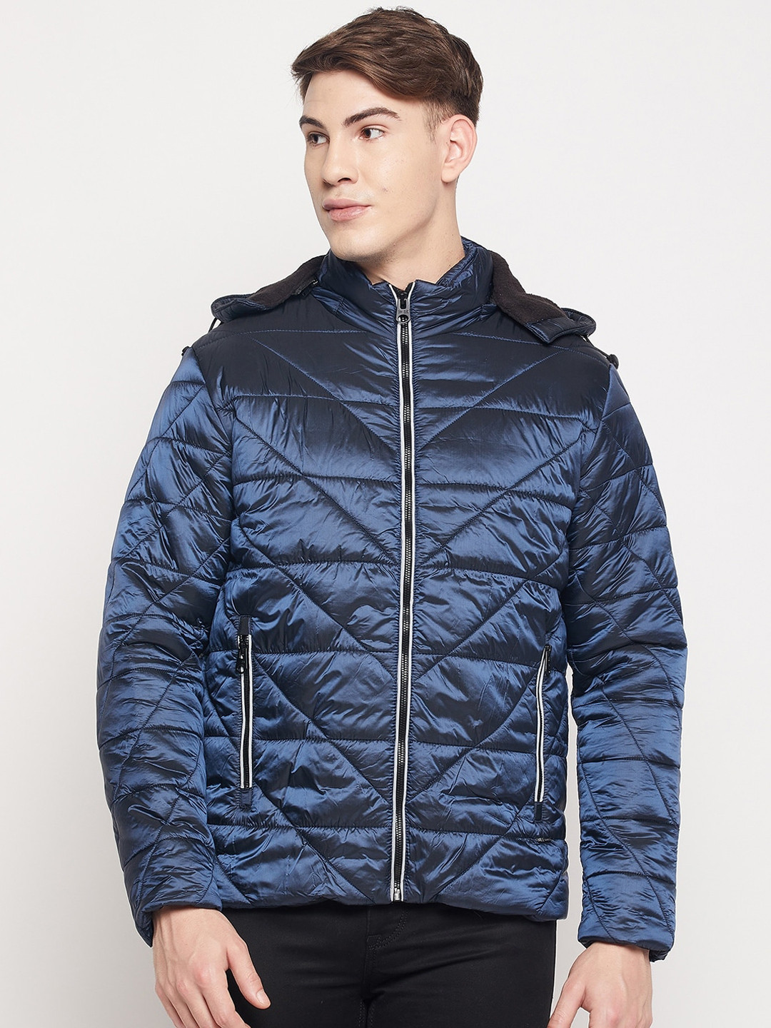 Duke Men Blue Quilted Hooded Jacket