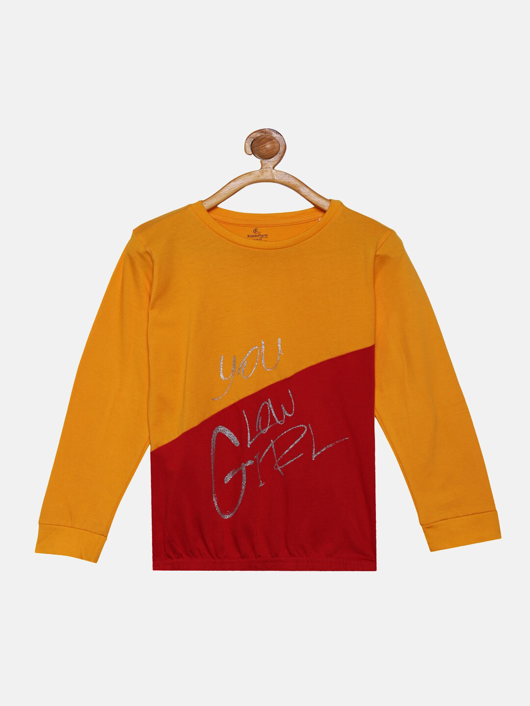 KiddoPanti Girls Yellow & Red Colourblocked T-shirt