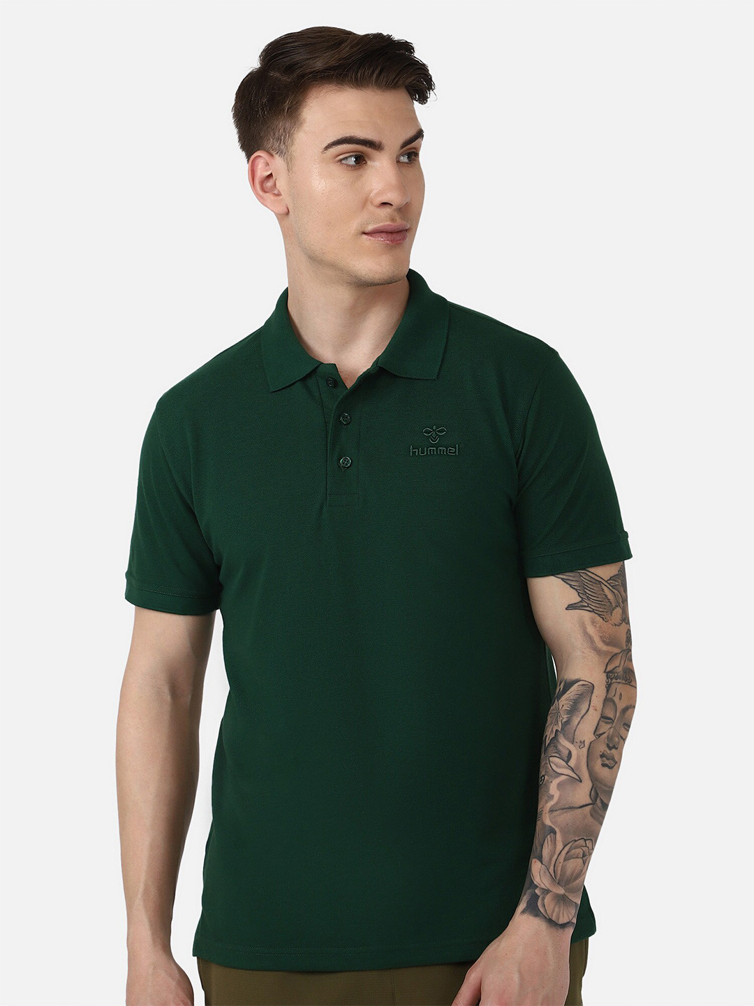 hummel Men Green Polo Collar T-shirt