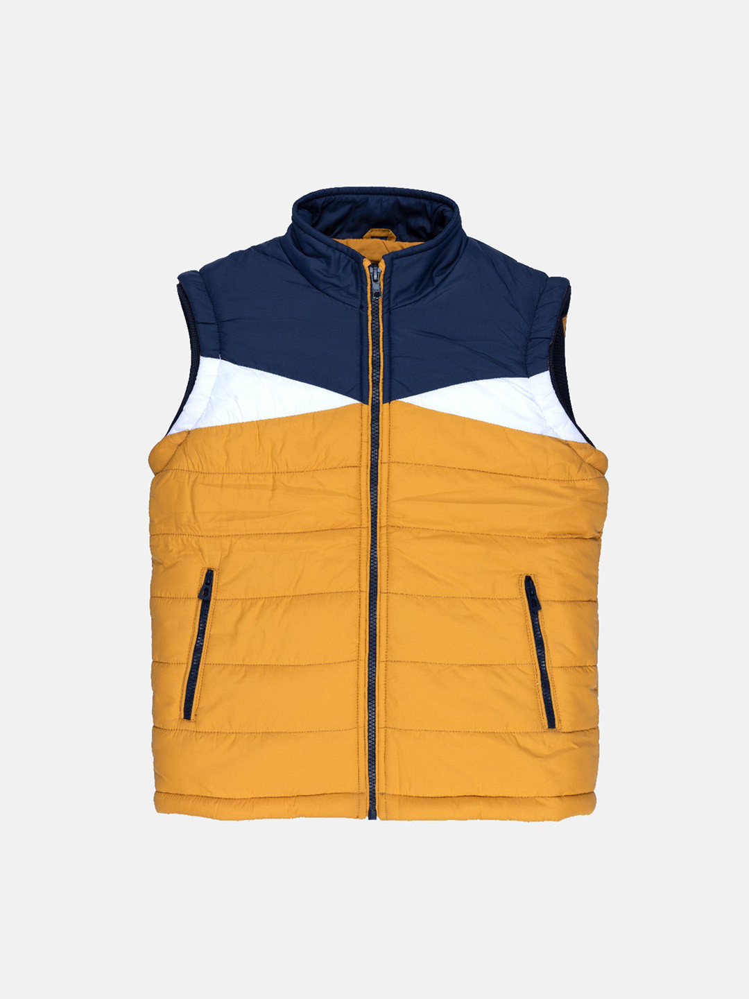 Status Quo Boys Yellow Blue Colourblocked High Neck Sleeveless Padded Jacket
