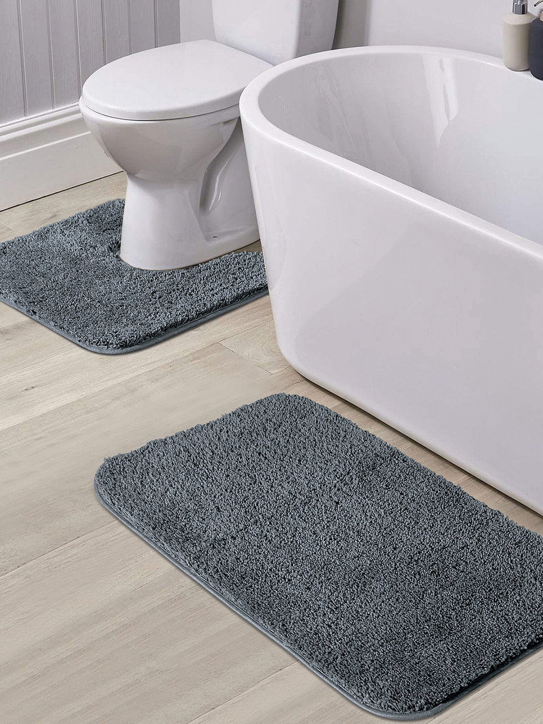 OBSESSIONS Set Of 2 Grey Solid 1400 GSM Anti-Skid Bath Rug & Contour Mat