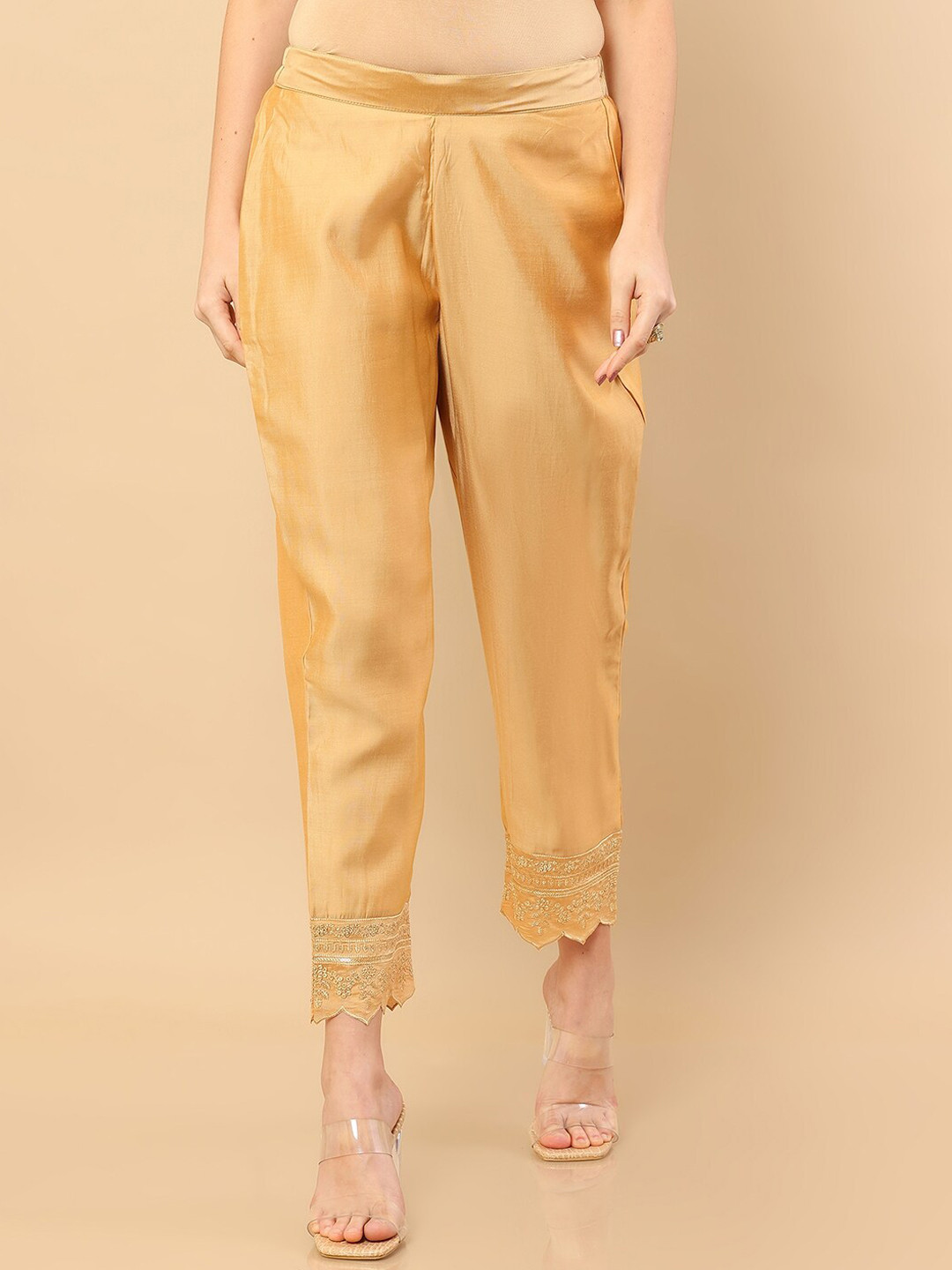 Soch Women Gold-Toned Chanderi Cotton Trouser With Embroidered Borders