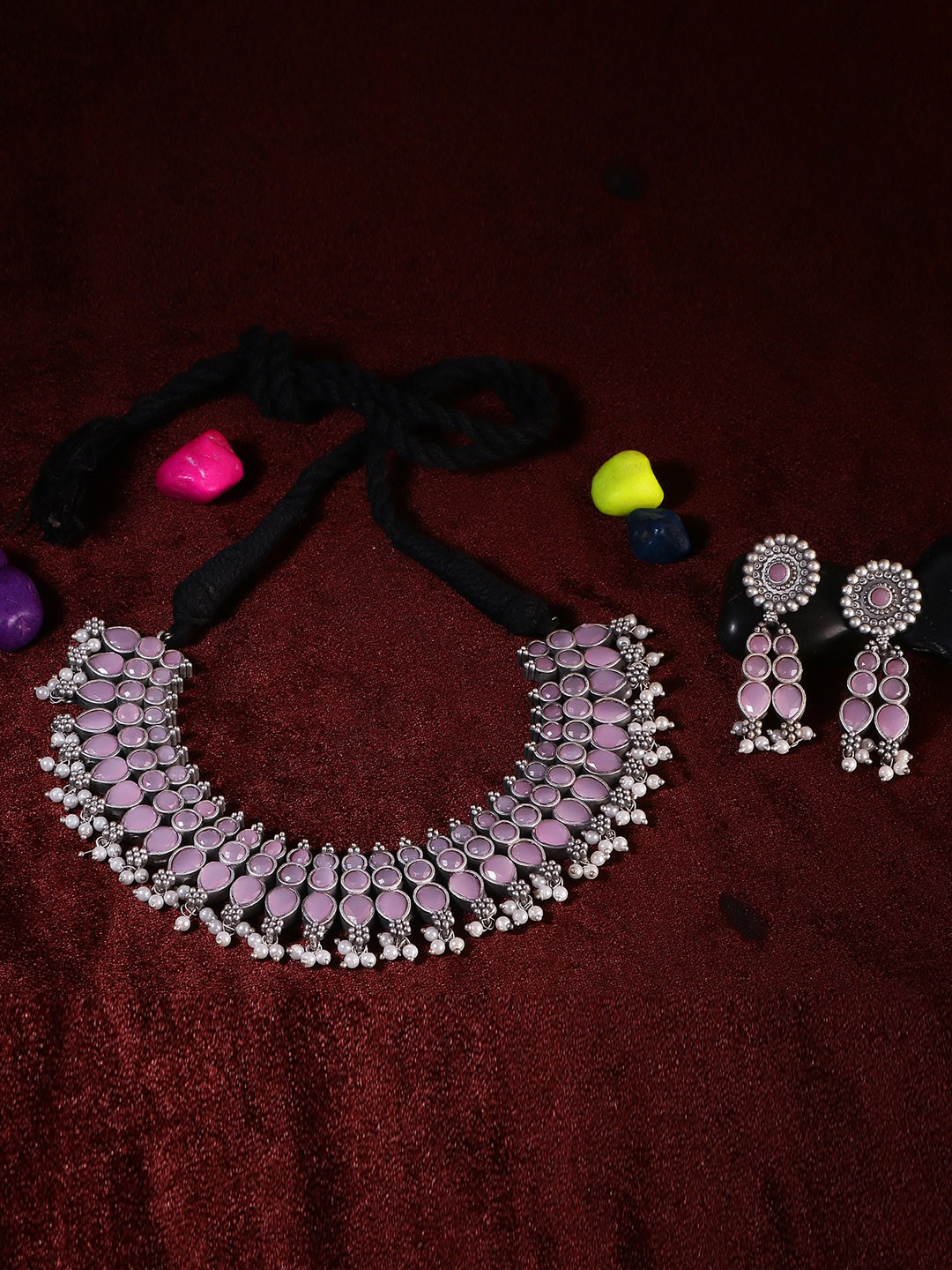 Adwitiya Collection Women Silver-Plated Oxidised Lavender Stone-Studded Jewellery Set