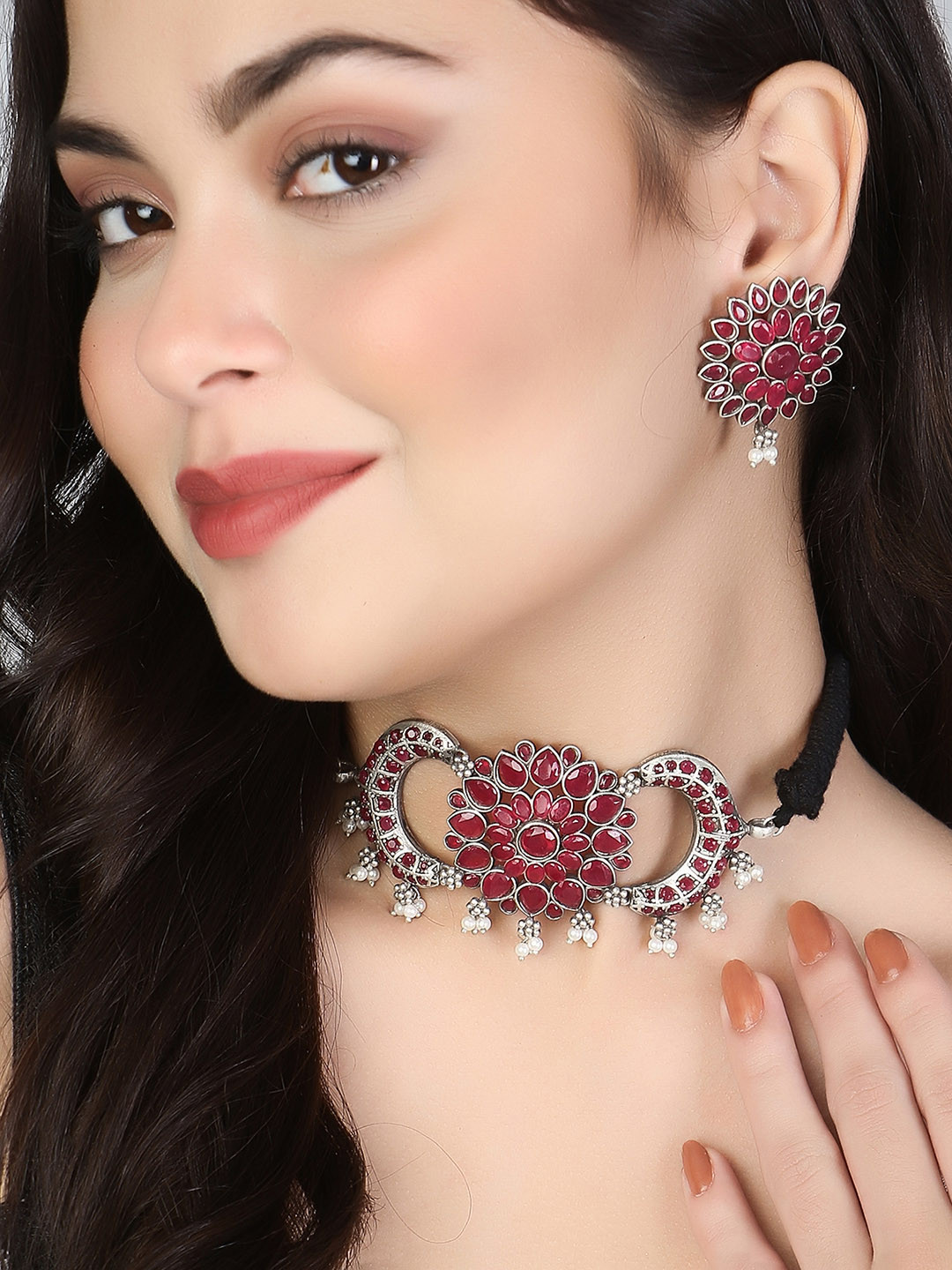 Adwitiya Collection Women Pink Rhodium Plated Stone-Studded Pearl Jewellery Set