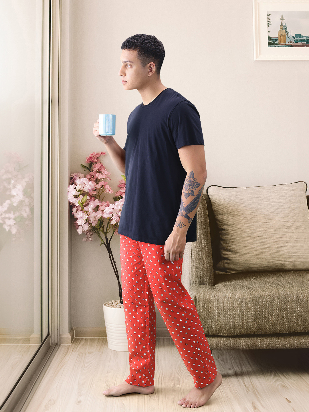 UnderJeans by Spykar Men Red Cotton Woven Lounge Pants