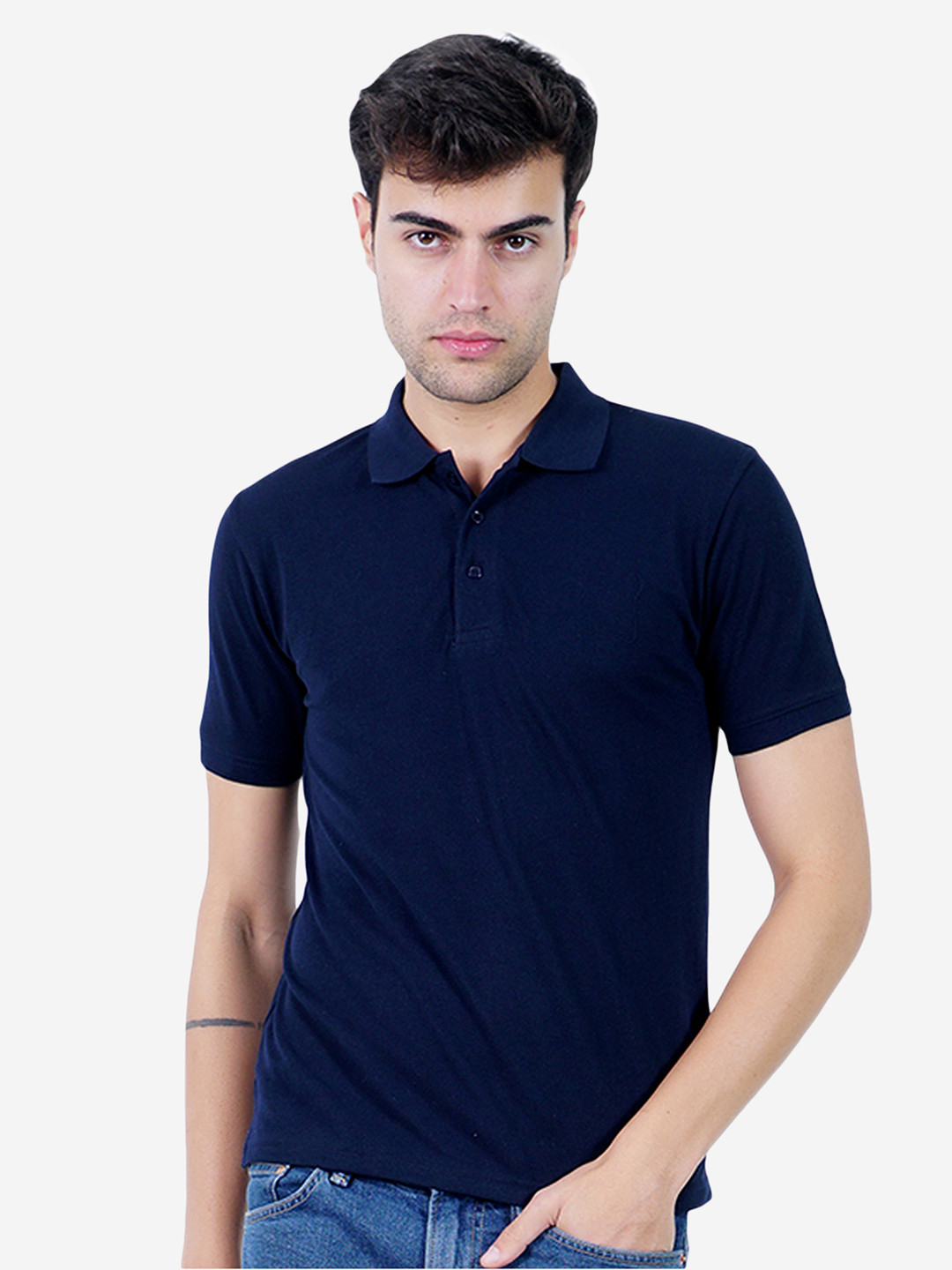 TEEMOODS Men Navy Blue Polo Collar T-shirt