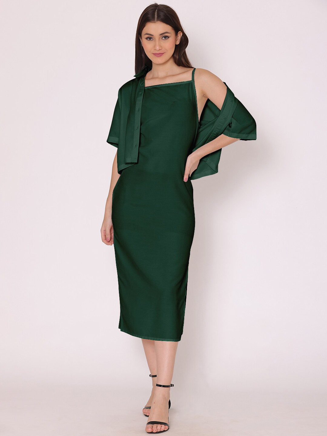 DressBerry Green Sheath Midi Slip Dress With Shirt