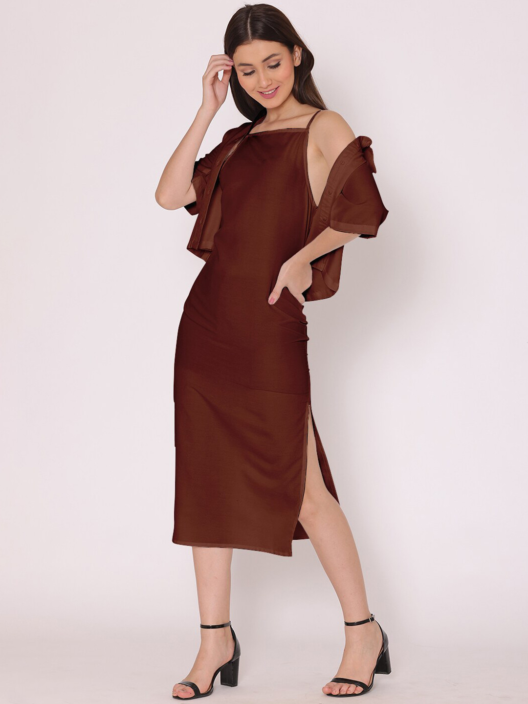 DressBerry Brown Sheath Midi Dress With Shirt
