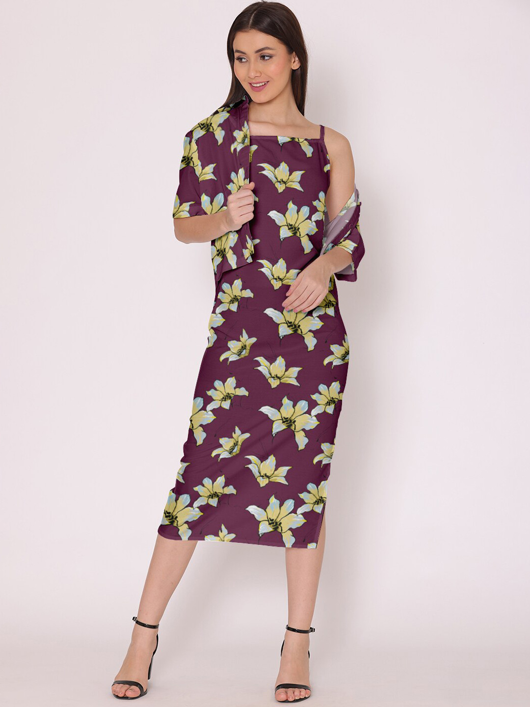 DressBerry Mauve & Yellow Floral Sheath Midi Dress With Shirt