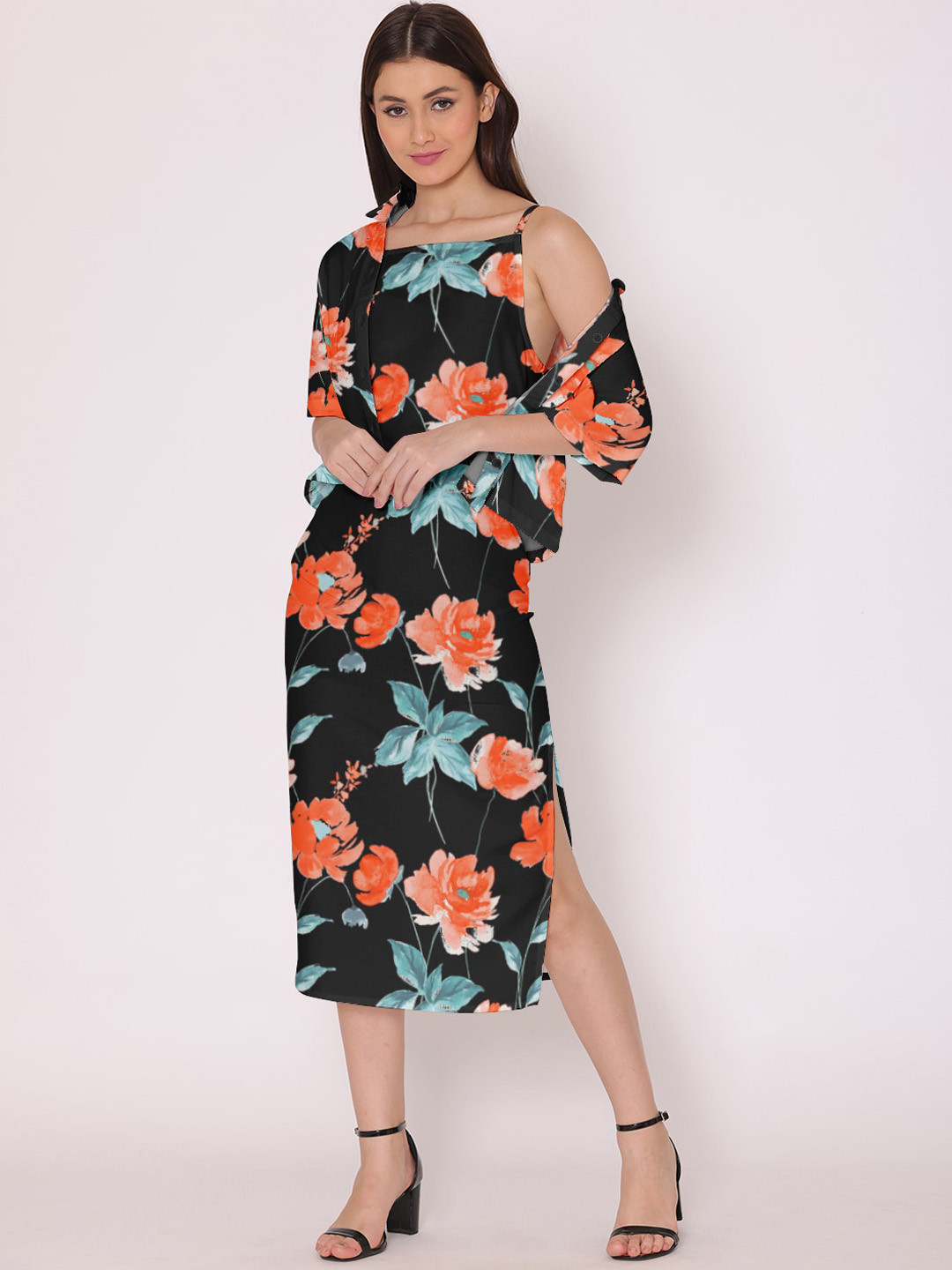 DressBerry Women Black Floral Print Dress With Shirt