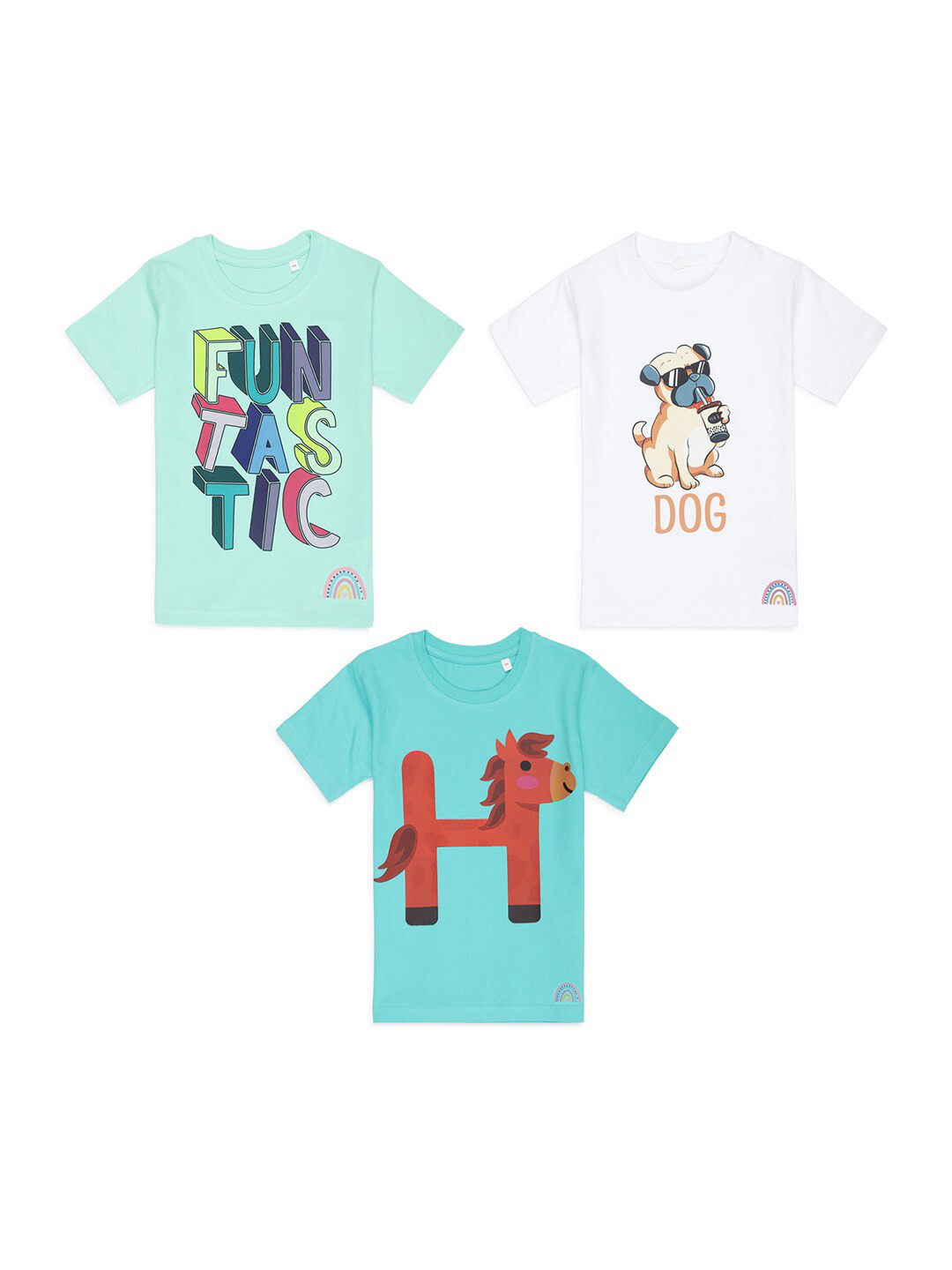 Tossido Kids Set Of 3 Sea Green & Blue Printed Pure Cotton T-shirts