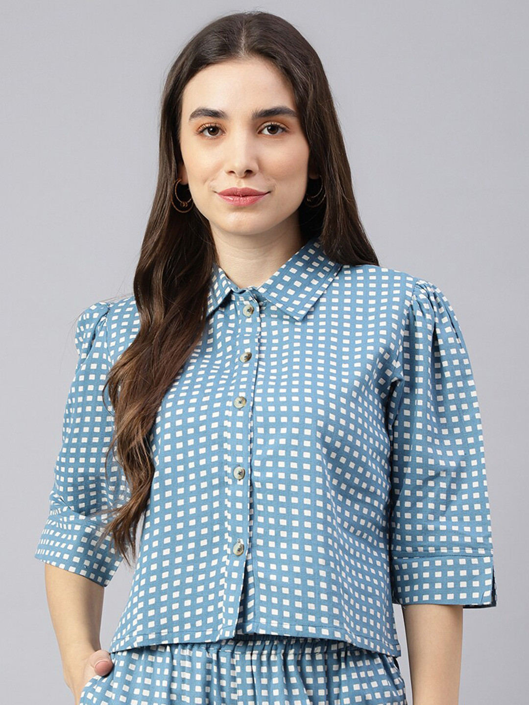 DECKEDUP Blue Geometric Printed Shirt Style Top