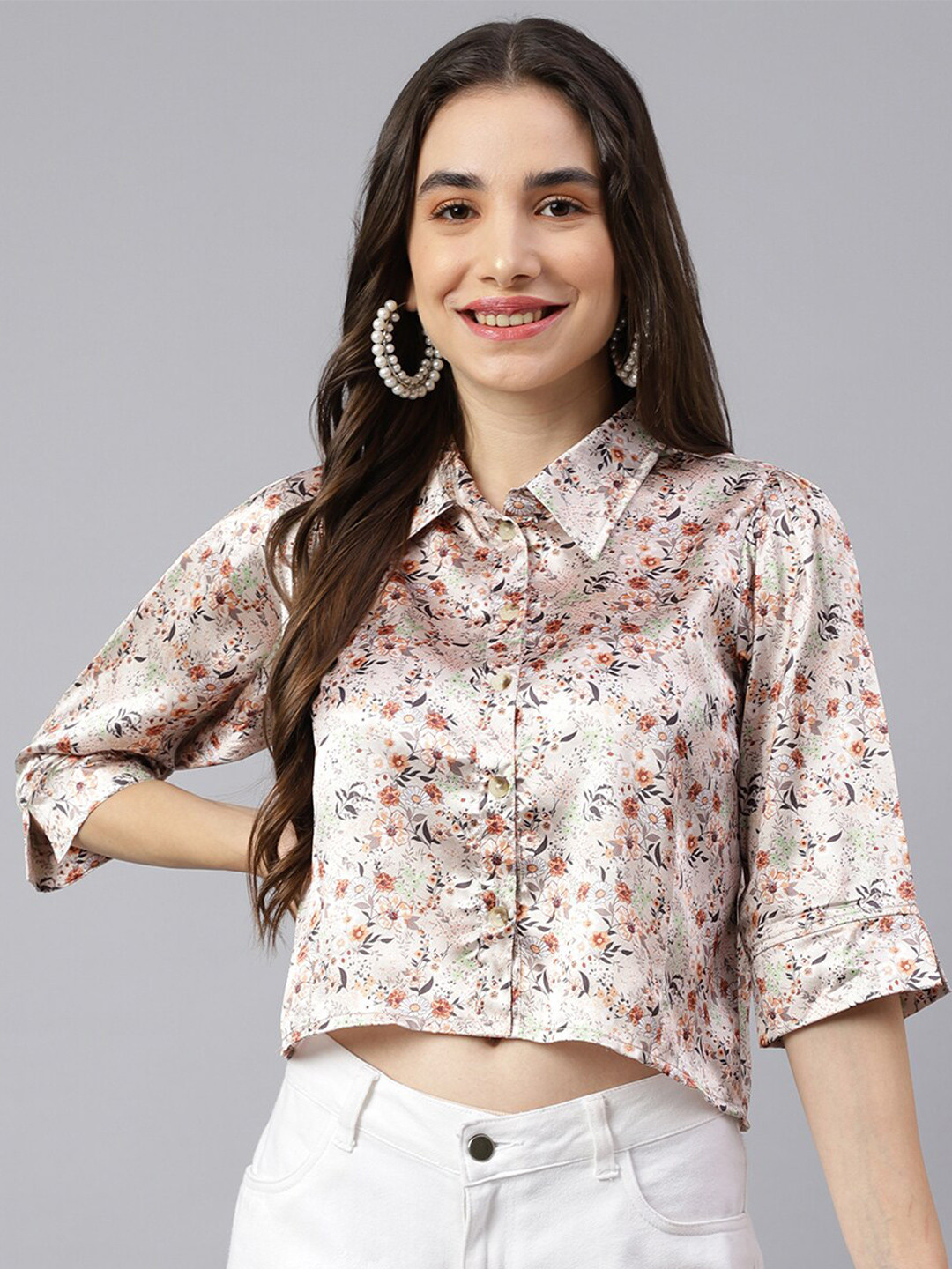 DECKEDUP Cream-Coloured & Orange Floral Print Shirt Style Crop Top