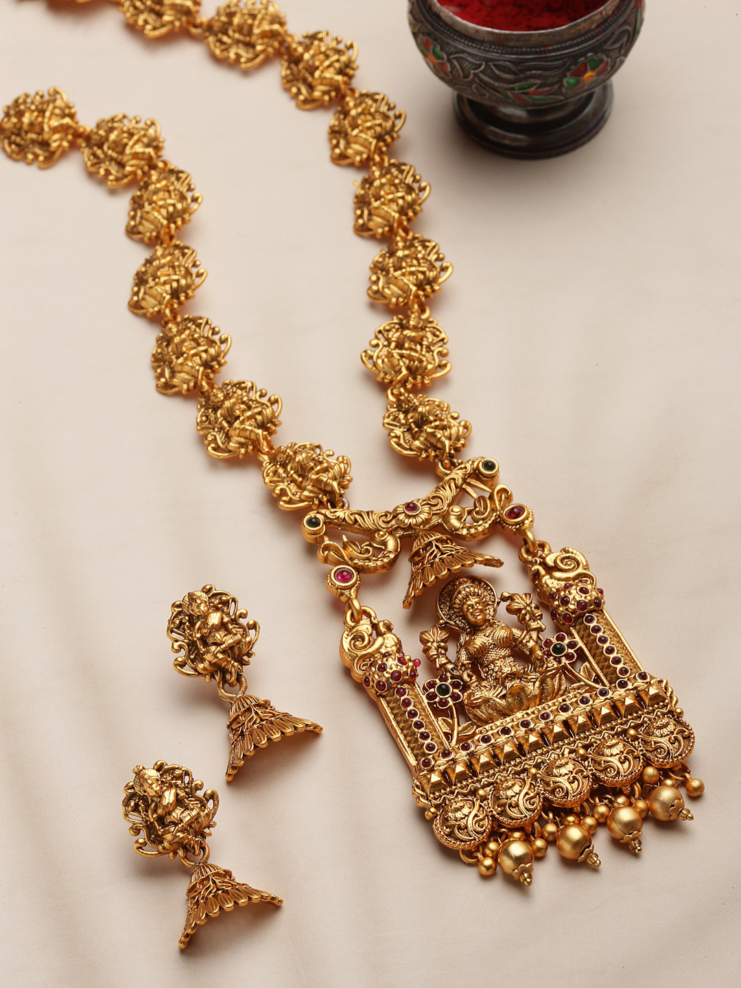 PANASH Red Gold Plated Temple Jewellery Set