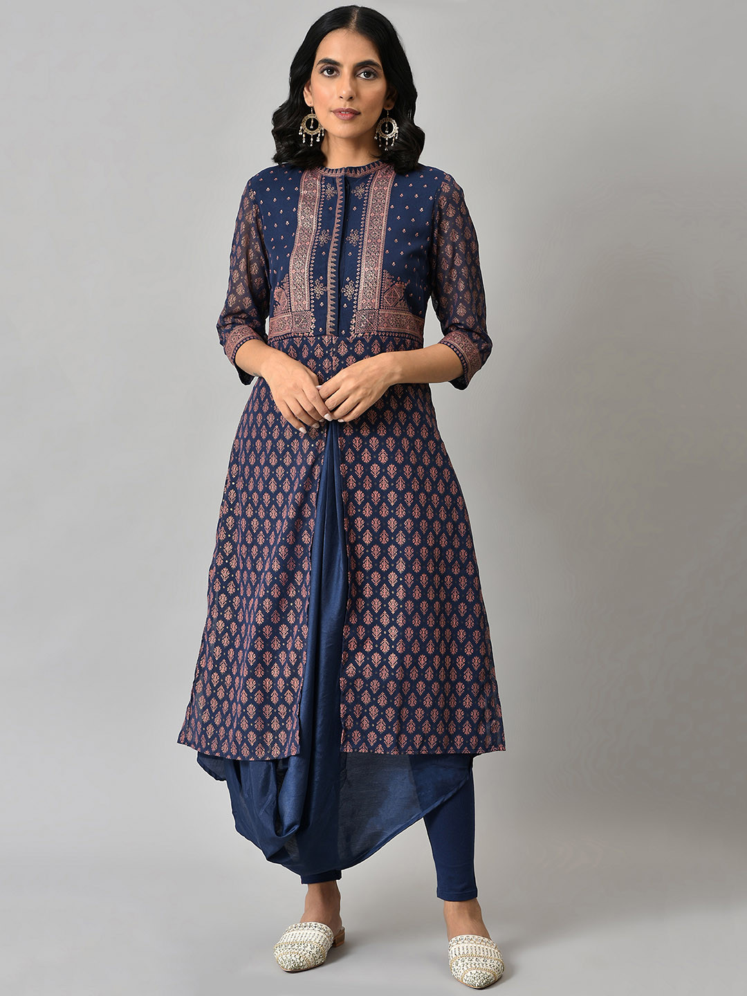 W Festive Geometric Print Georgette A-Line Cowl Hemline Kurta With Tight