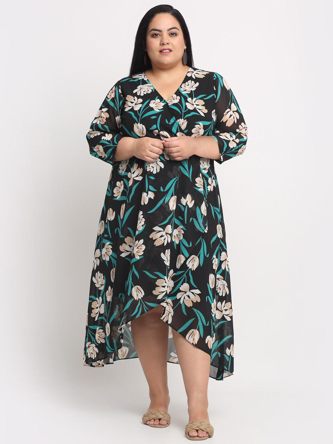 plusS Plus Size Black & Beige Floral Printed A-Line Midi Dress