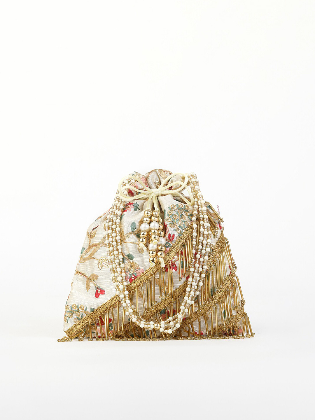 gaura pakhi Cream-Coloured & Red Embroidered Fringed Potli Clutch