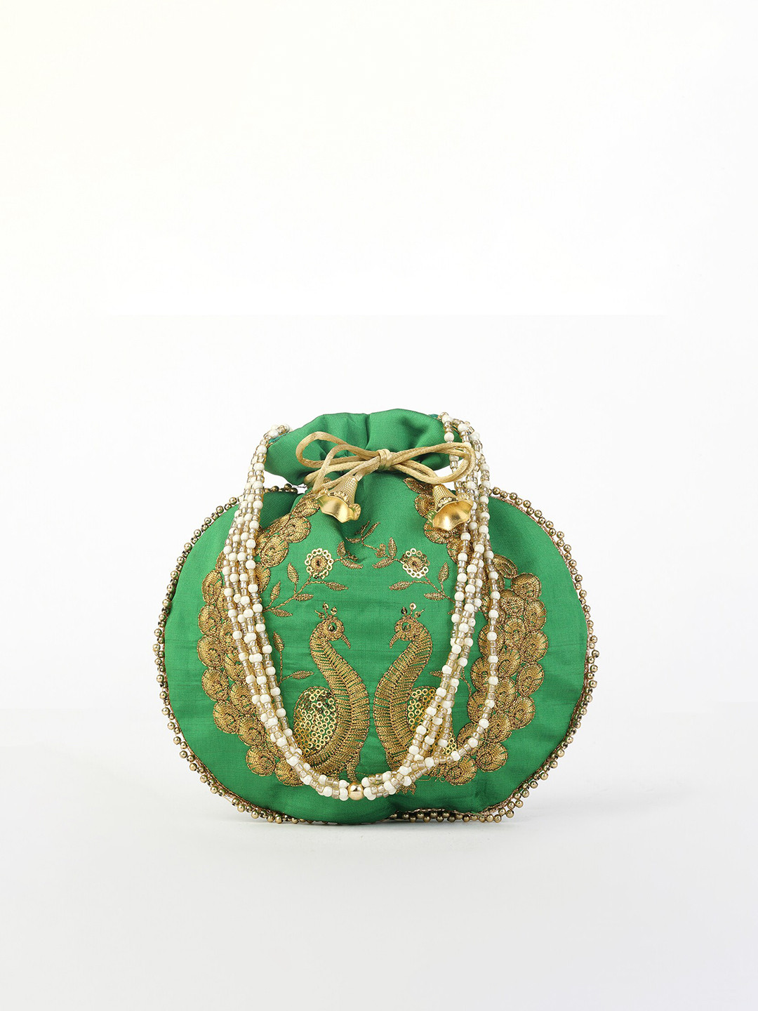 gaura pakhi Women Green & Gold-Toned Embroidered Potli Clutch