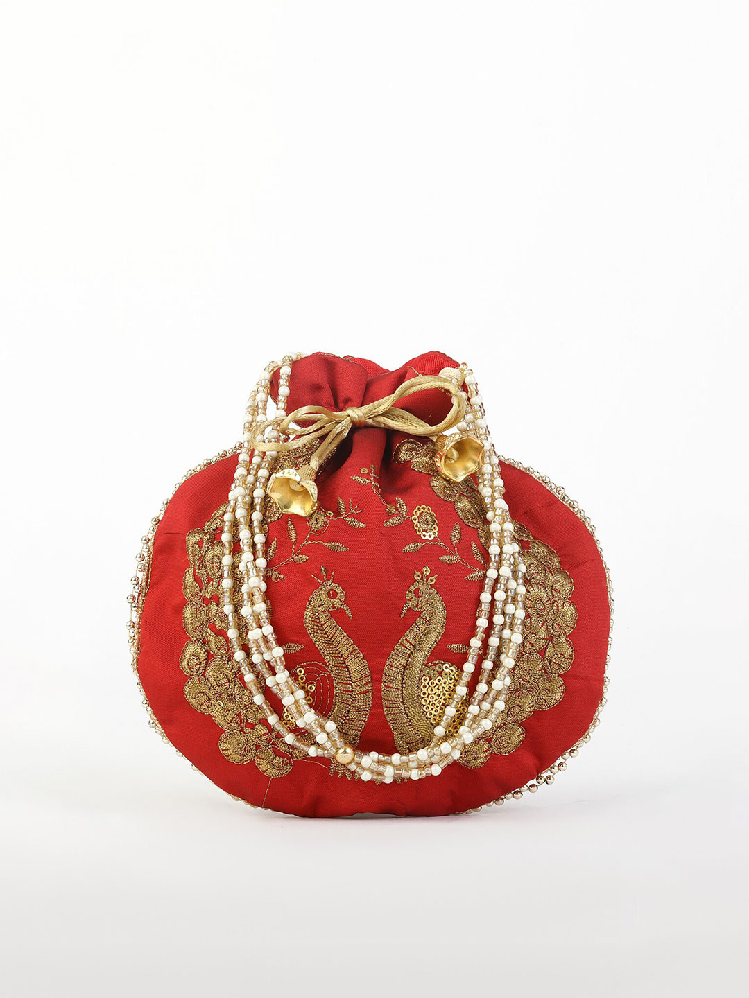 gaura pakhi Red & Gold-Toned Embroidered Potli Clutch