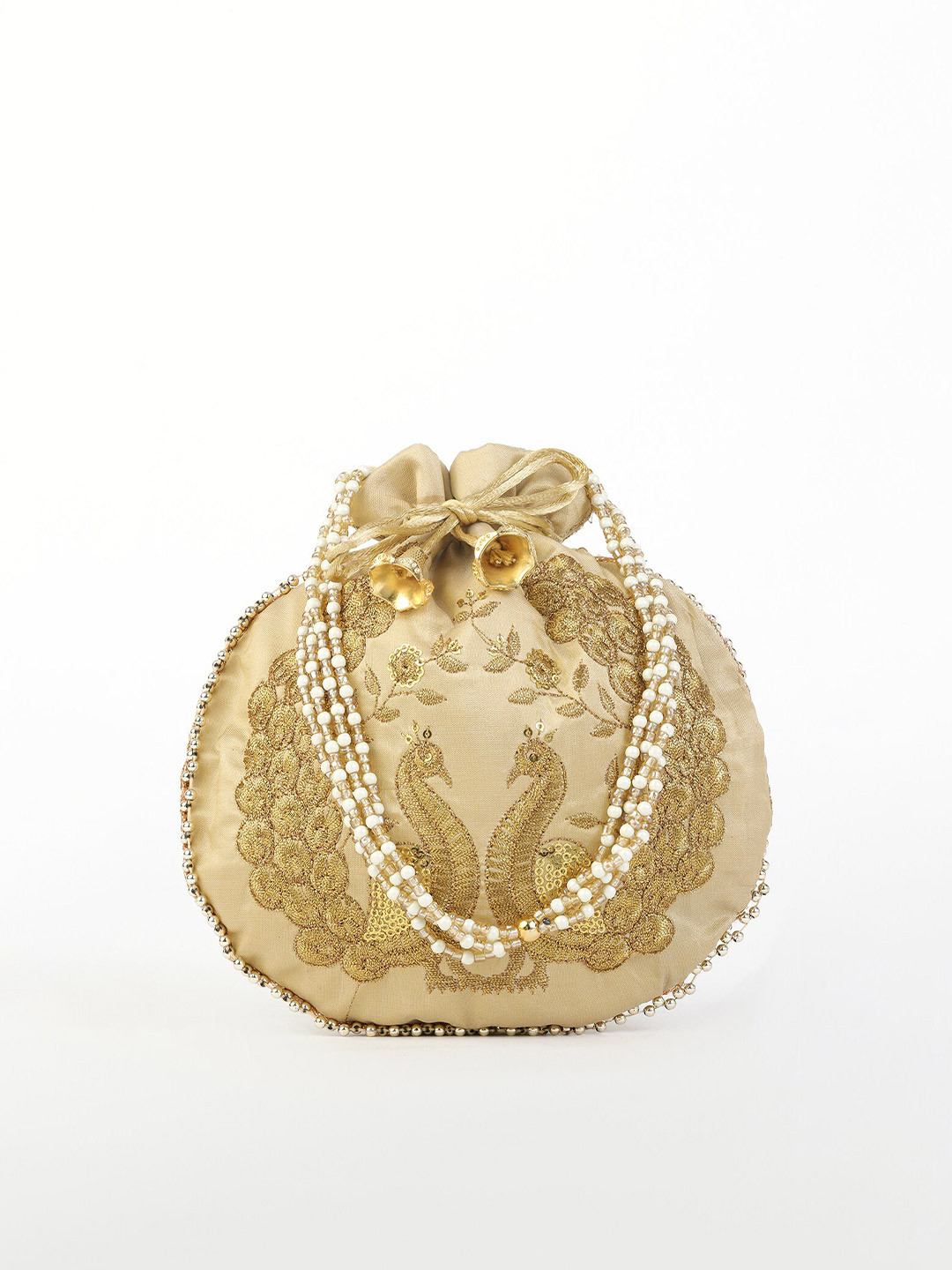 gaura pakhi Beige & Gold-Toned Embroidered Potli Clutch