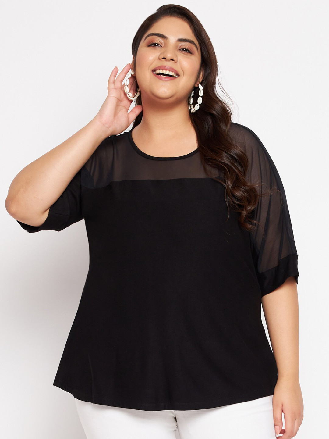 wild U Women Black Extended Sleeves Sheer Top