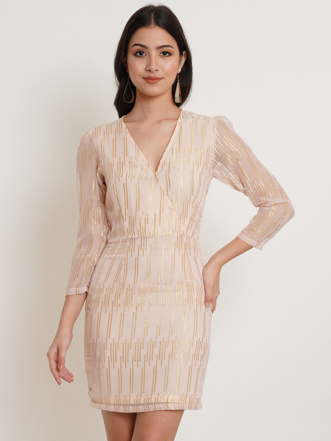 Purple State Cream-Coloured Georgette Sheath Dress