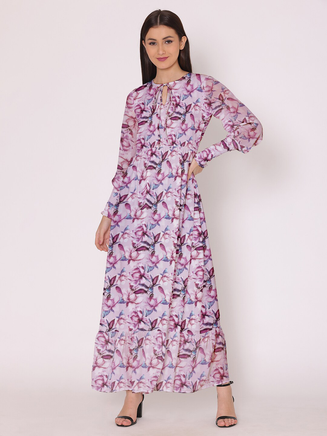 DressBerry Magenta & Purple Floral Tie-Up Neck Georgette Maxi Dress