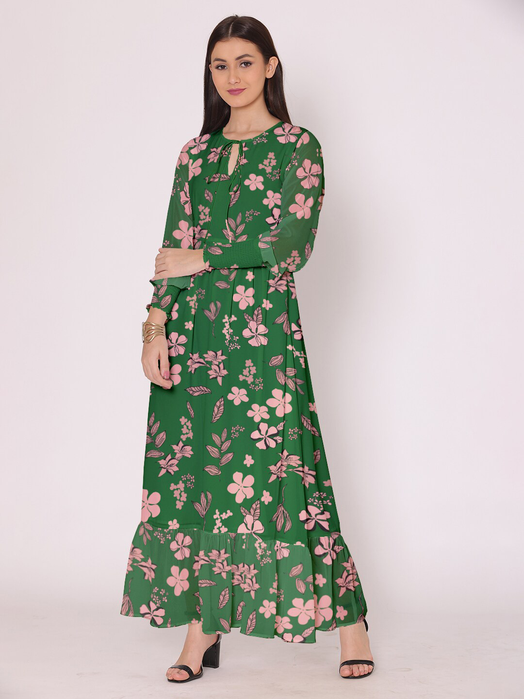 DressBerry Green & Pink Floral Tie-Up Neck Georgette Maxi Dress