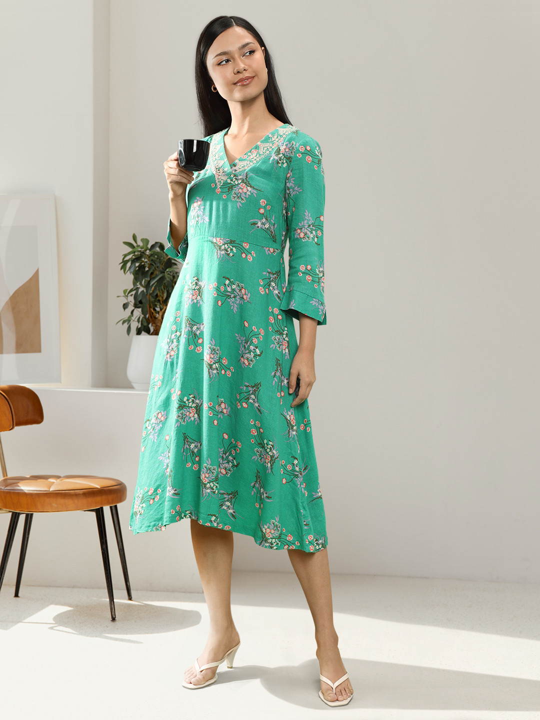 Marks & Spencer Women Green Floral Printed Linen Midi Dress