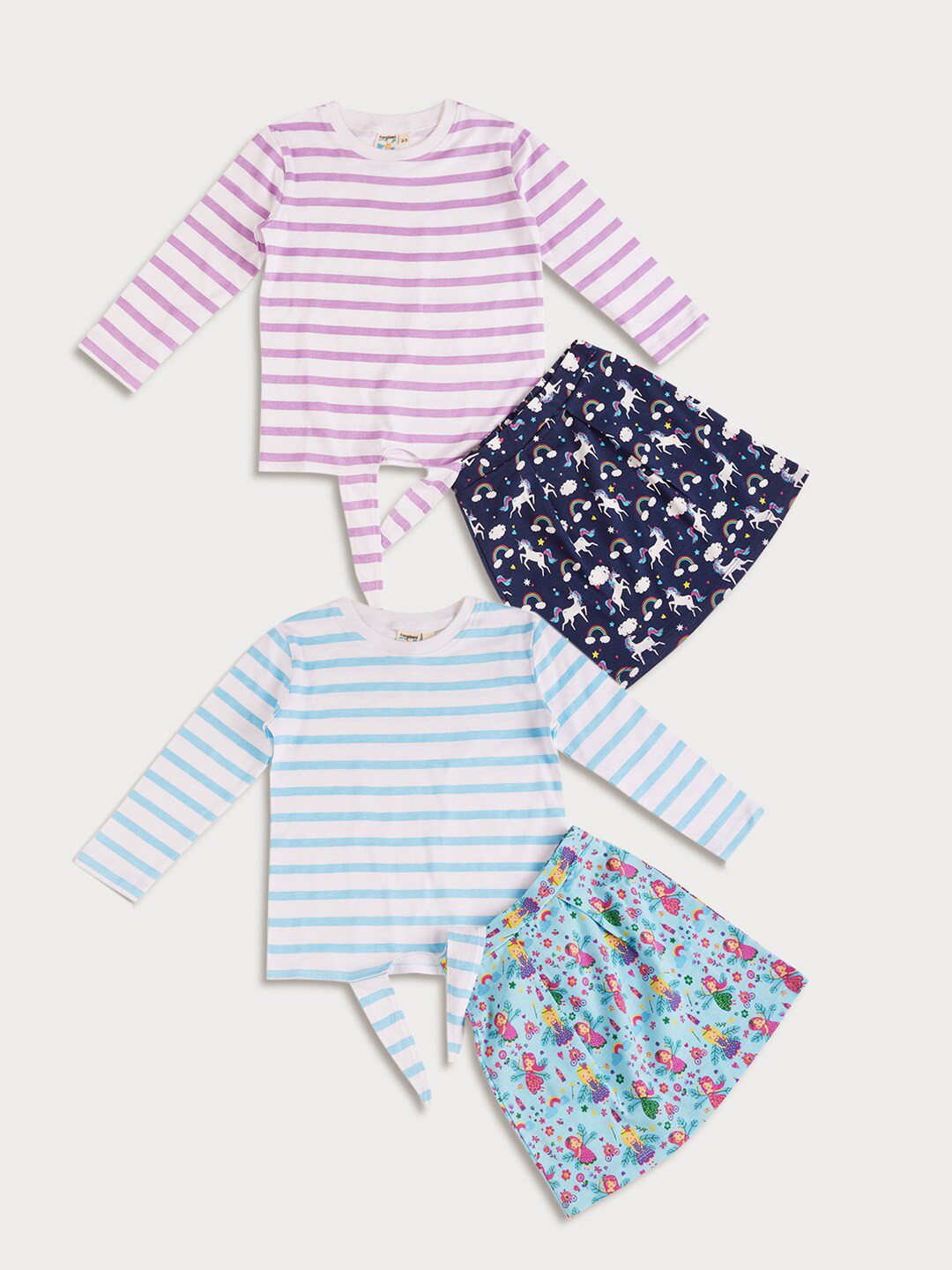 frangipani Girls Blue & Turquoise Blue Pack of 2 Striped T-shirt with Skirt