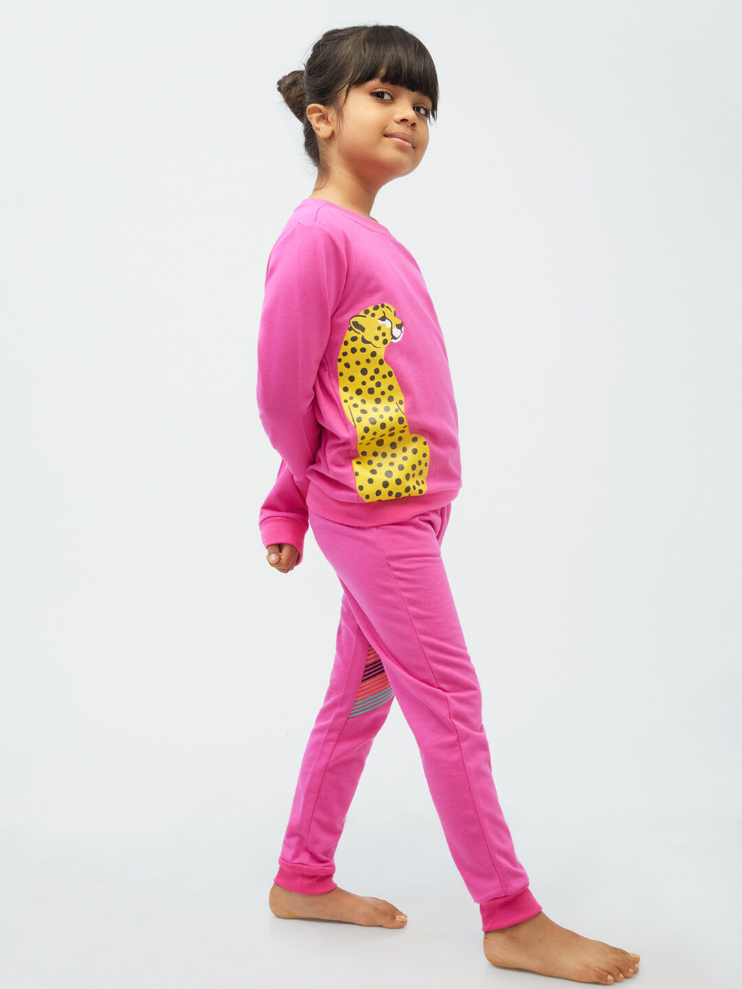 frangipani Girls Pink Cotton Printed Top with Pyjama Set