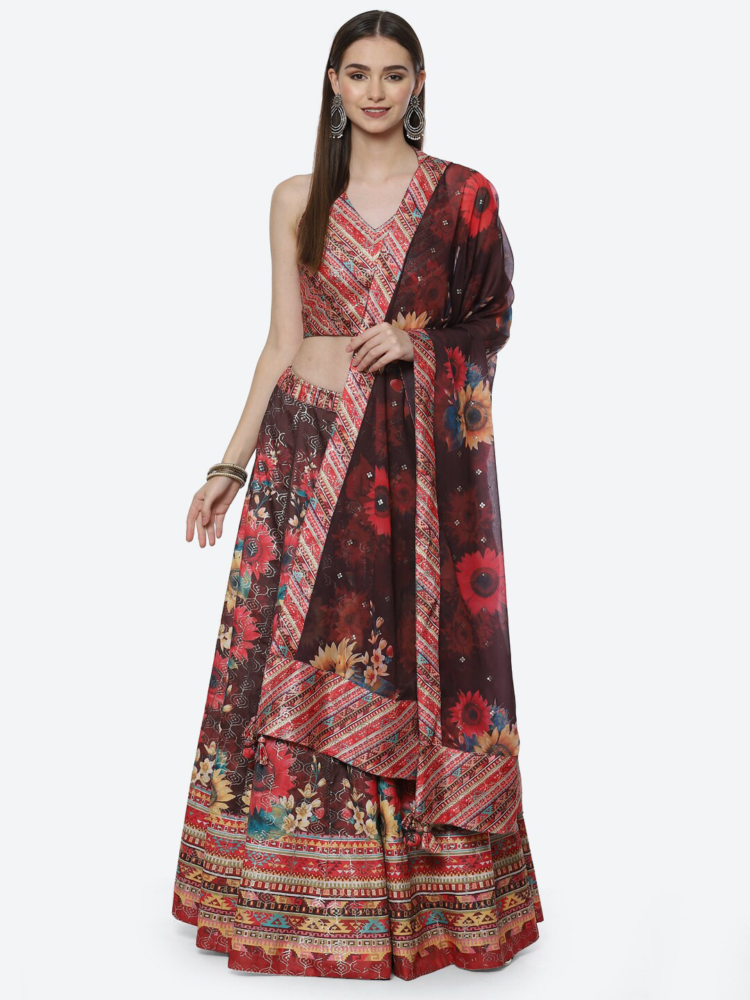 Biba Women Brown & Red Printed Ready to Wear Lehenga & Blouse With Dupatta