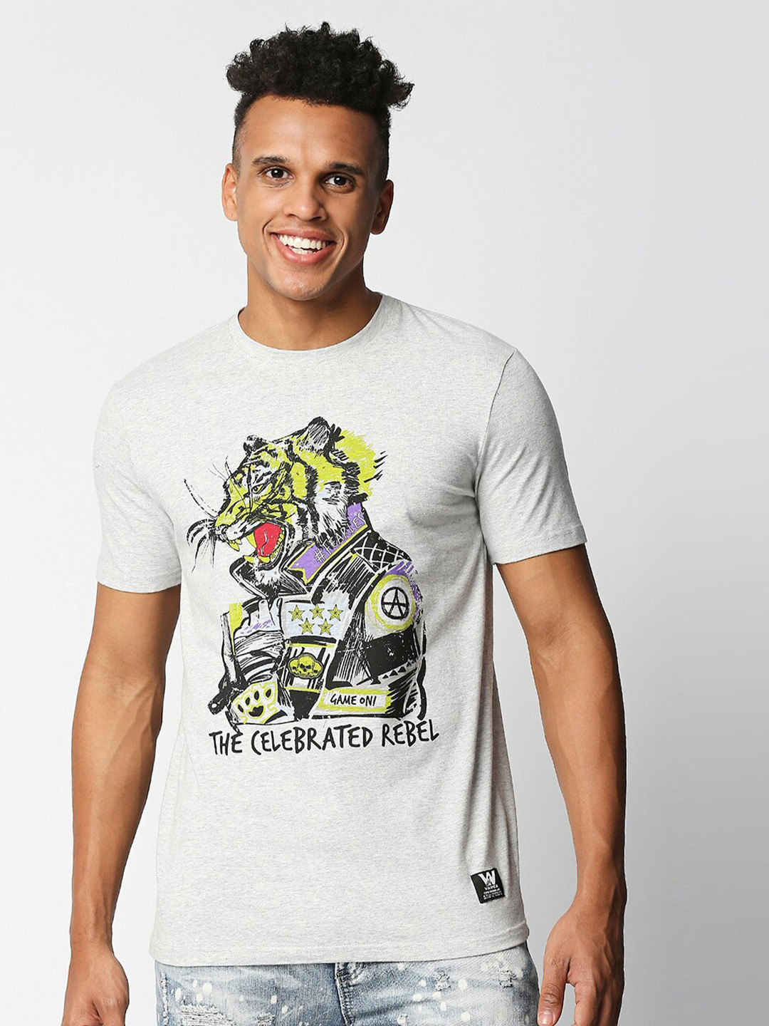 WAIMEA Men Grey Melange Typography Printed Slim Fit Pure Cotton T-shirt