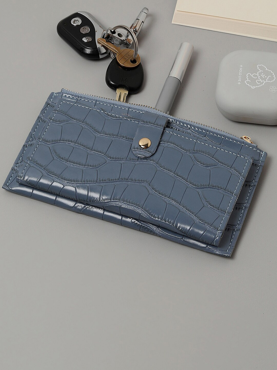 HAUTE SAUCE  Women Blue Abstract Textured PU Zip Around Wallet