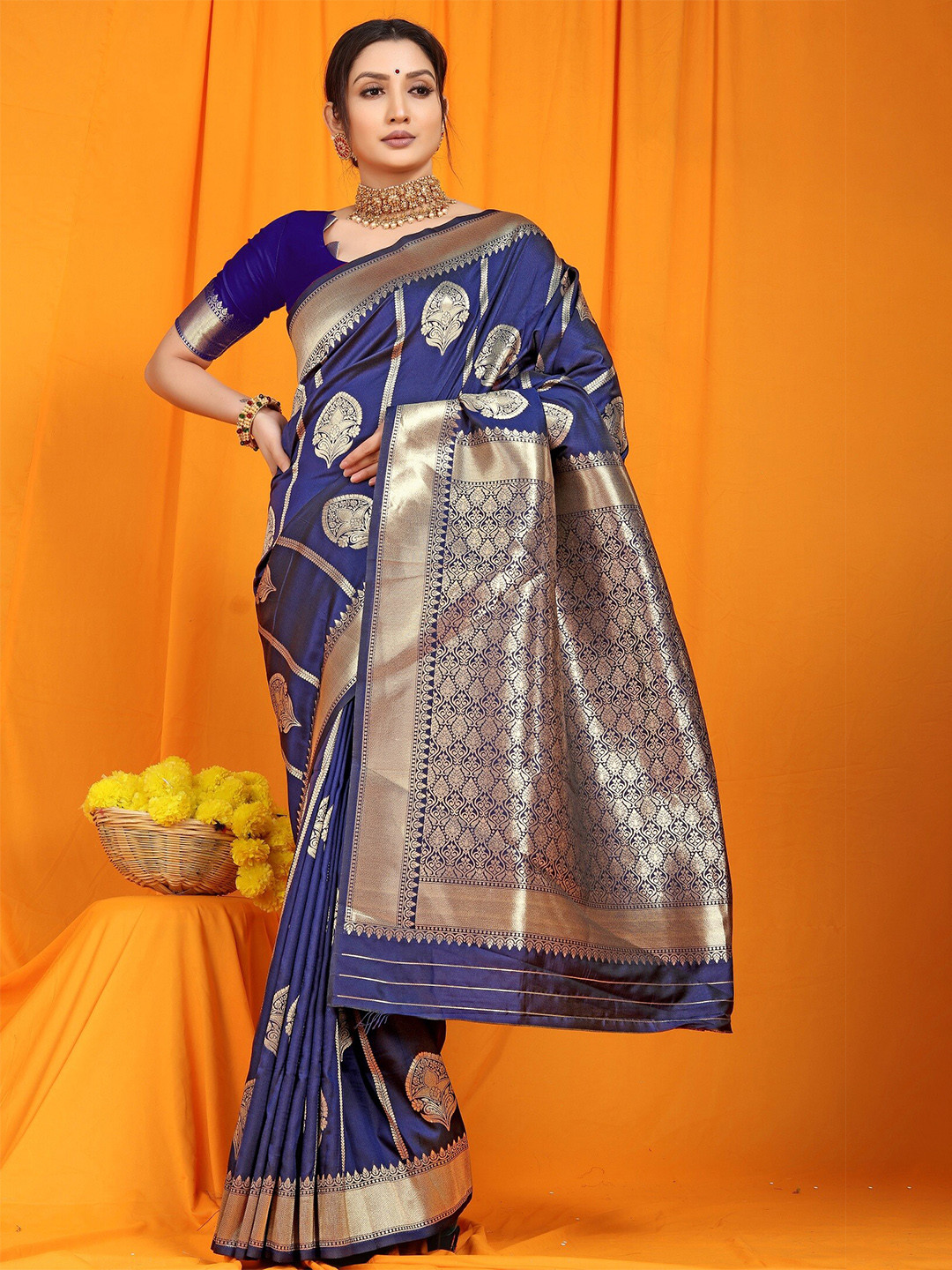 Anaita Blue & Gold Woven Design Zari Banarasi Saree