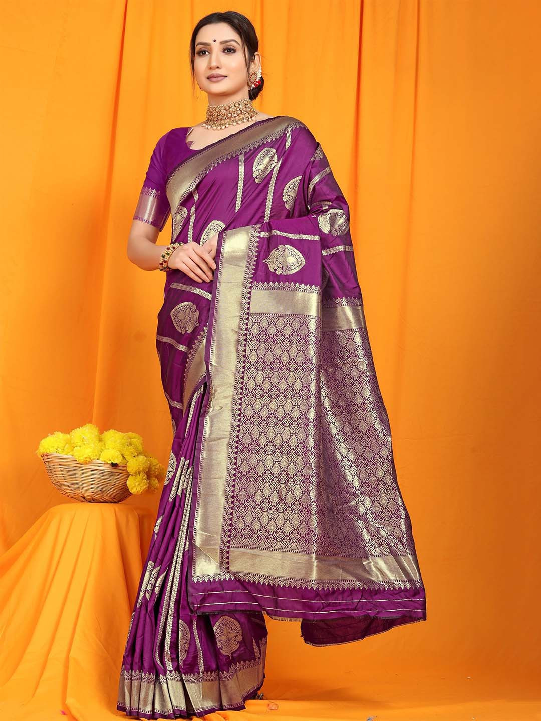 Anaita Purple & Gold-Toned Ethnic Motifs Zari Banarasi Saree