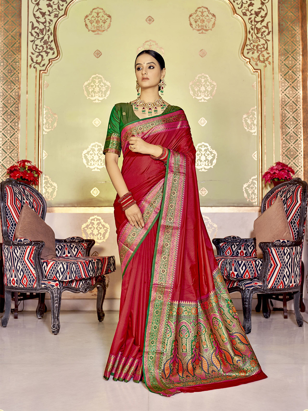 elora Red & Gold-Toned Zari  Saree