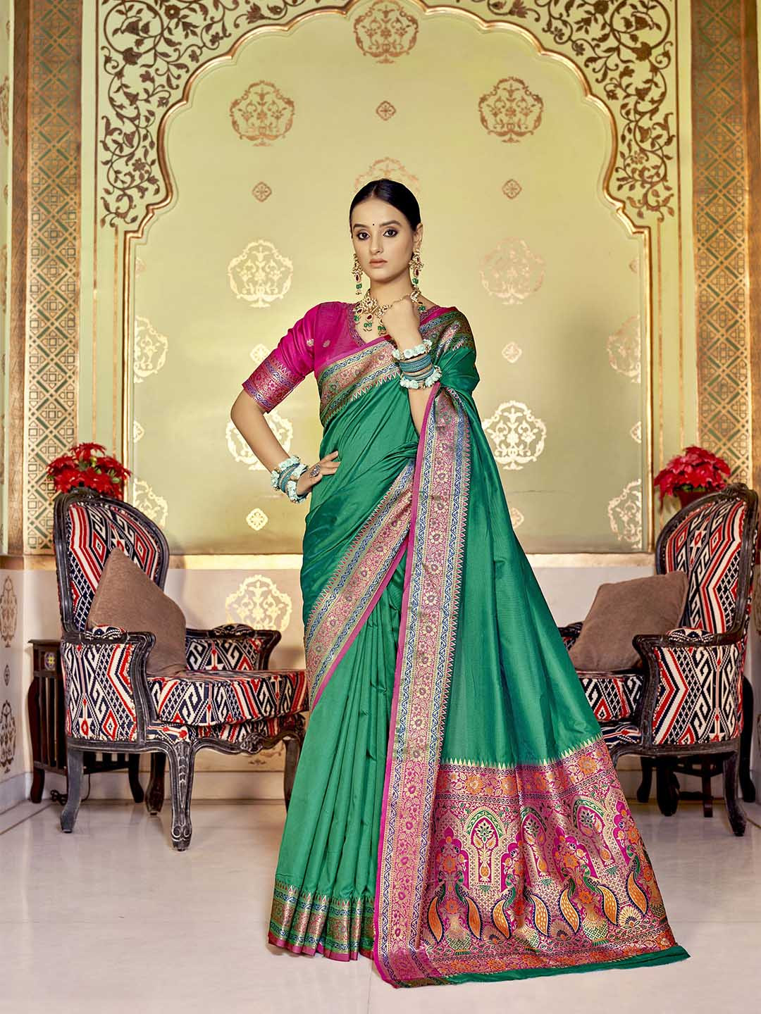 elora Green & Red Zari Silk Blend Saree