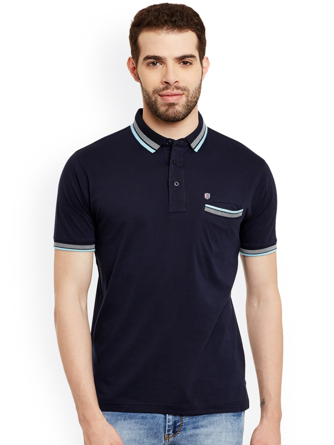 Duke Men Navy Blue Solid Polo Collar 