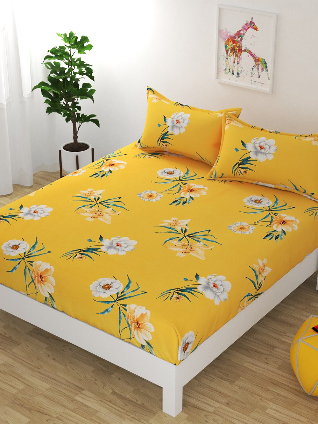 Bajo's Yellow Floral Cotton 250 TC Fitted Queen Fine Bedsheet with 2 Pillow Covers-91 x 98 inches