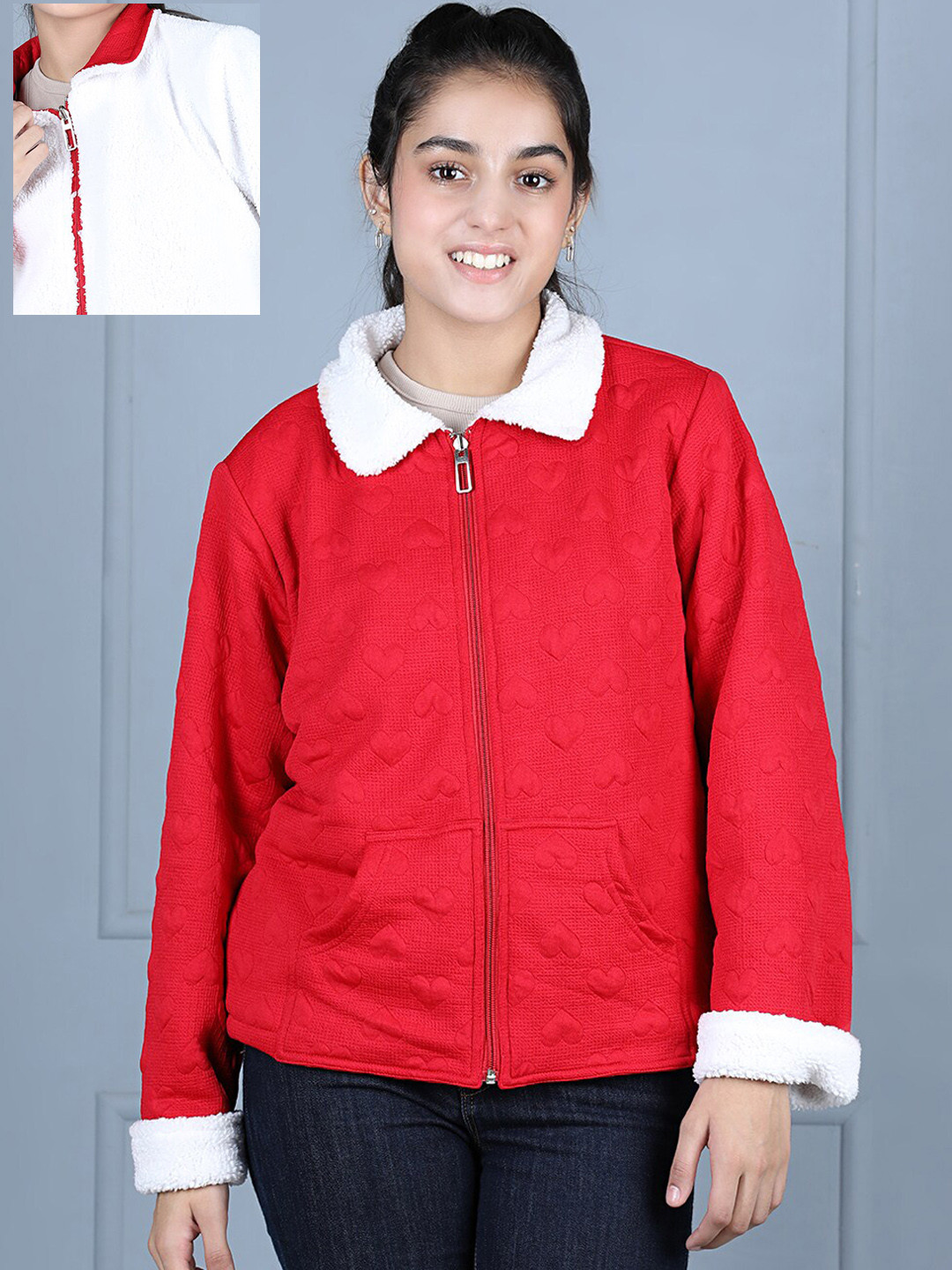 StyleStone Girls Red Fleece Reversible Crop Tailored Jacket