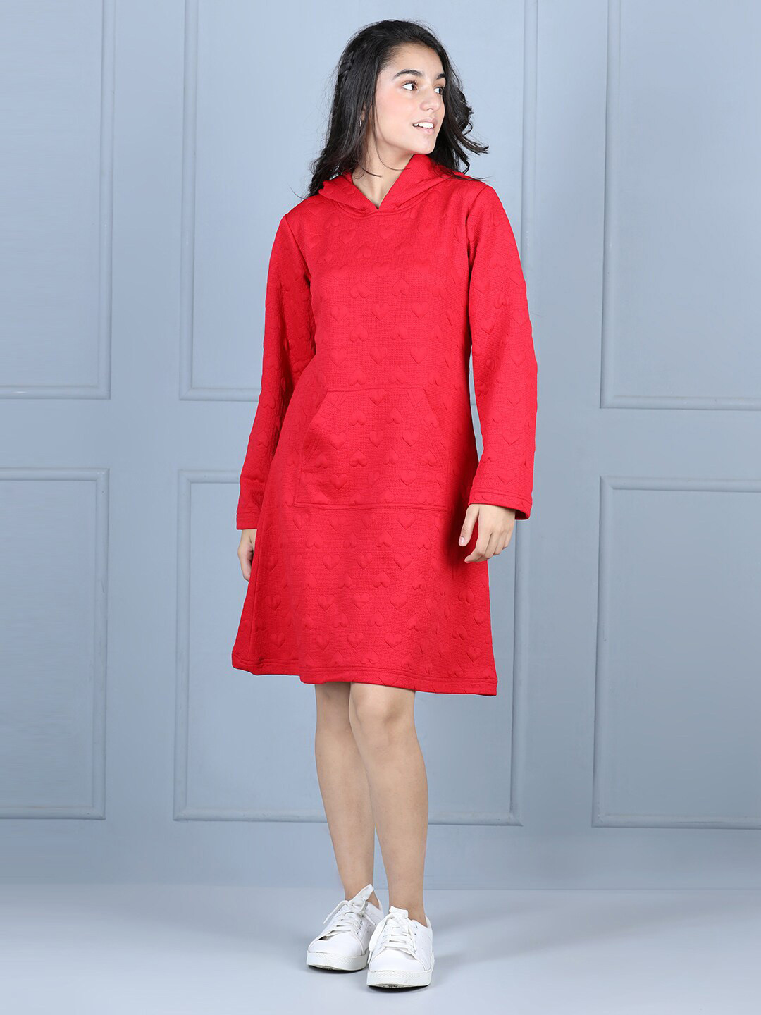 StyleStone Red Jacquard A-Line Hooded Dress